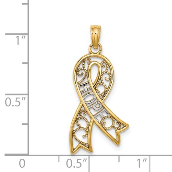 14k Two-Tone Yellow with White Rhodium Gold Filigree Hope Ribbon Necklace Charm - Picture 3 of 9